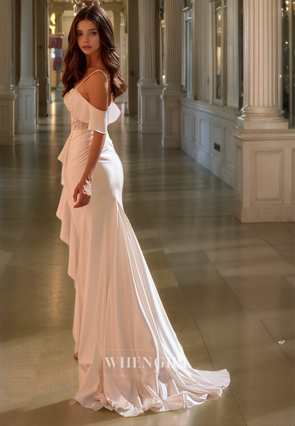 Classic Spaghetti Straps Sheath High Slit Pleats Lace Formal Party Dress with Appliques