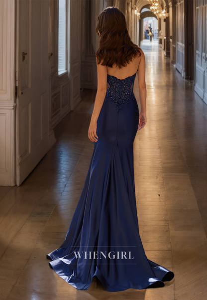 Halter V-Neck Sleeveless Sweep Train Appliques Satin Prom Dress with Beaded Formal Gowns