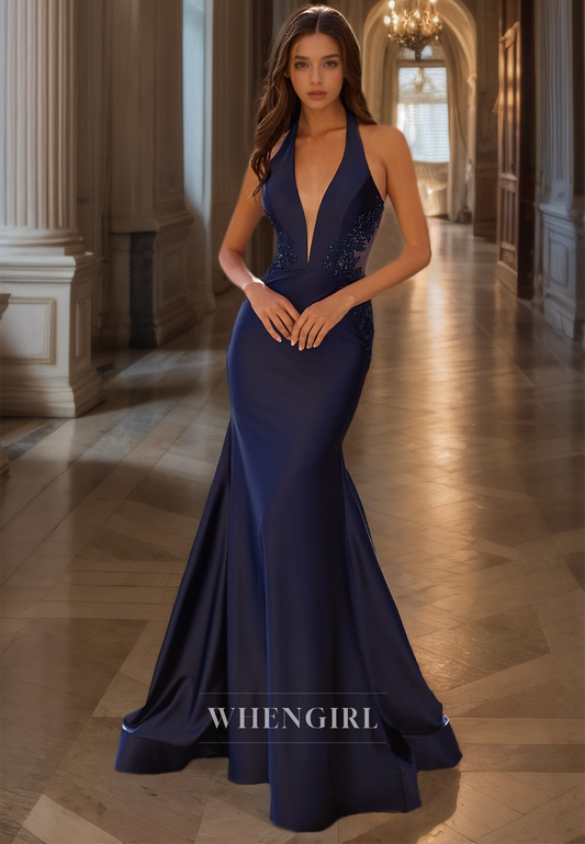 Halter V-Neck Sleeveless Sweep Train Appliques Satin Prom Dress with Beaded Formal Gowns