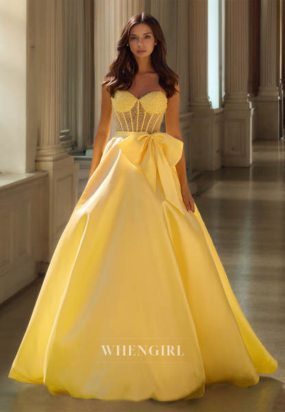 A-Line Sweetheart Sleeveless Stripe Bows Pleats Satin Prom Dress Evening Gowns with Beads