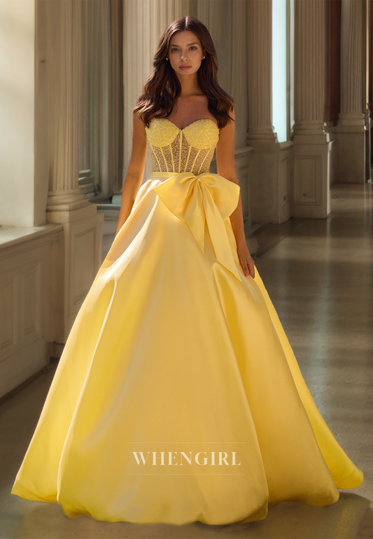 A-Line Sweetheart Sleeveless Stripe Bows Pleats Satin Prom Dress Evening Gowns with Beads