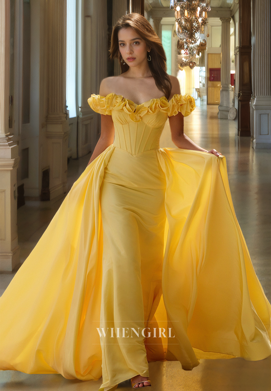 Off-Shoulder Sleeveless Sheath Stripe Floral Embossed Prom Dress Formal Gown with Overskirt