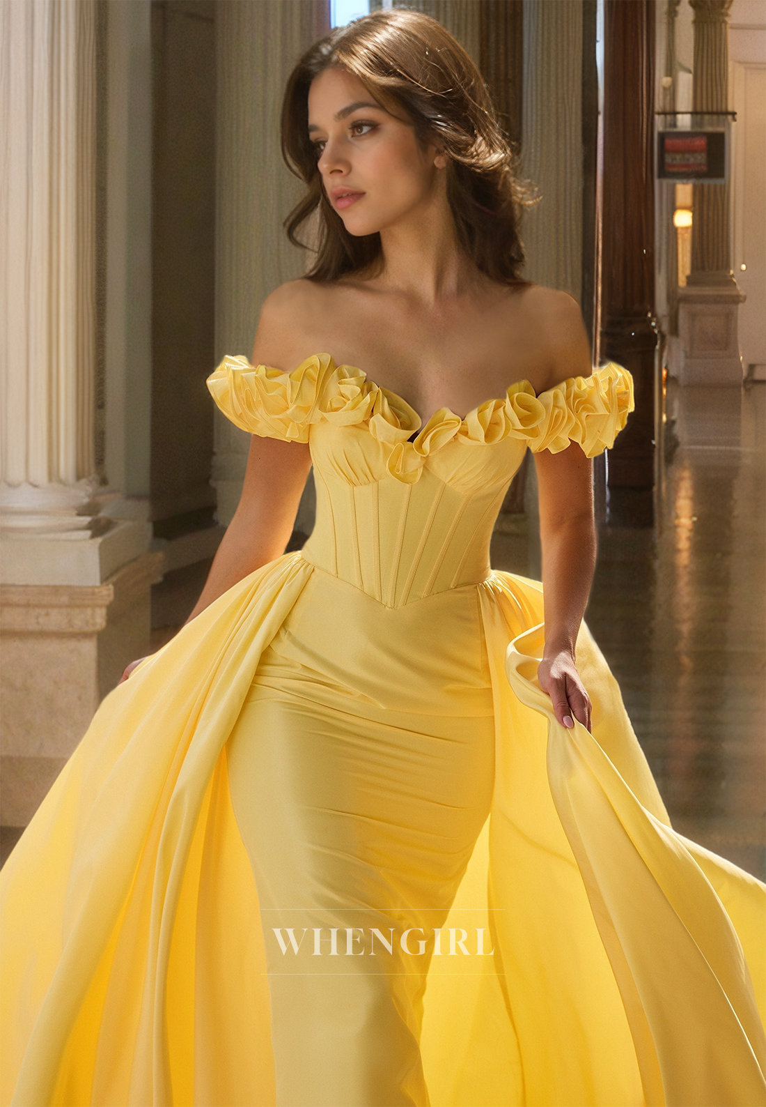 Off-Shoulder Sleeveless Sheath Stripe Floral Embossed Prom Dress Formal Gown with Overskirt
