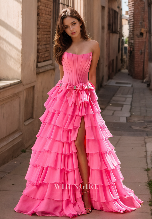 A-Line Tube Top Sleeveless Stripe Sweep Train Bows Beaded Lace Formal Dress with Slit Prom Dress