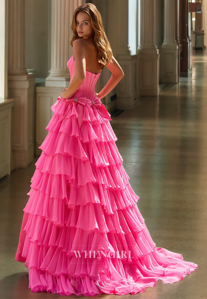 A-Line Tube Top Sleeveless Stripe Sweep Train Bows Beaded Lace Formal Dress with Slit Prom Dress