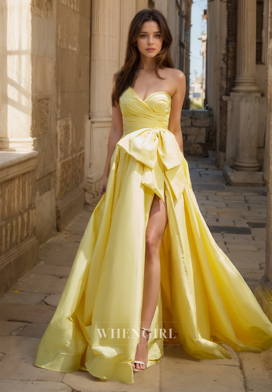 One Shoulder A-Line Sleeveless High Split Brush Train Ruched Prom Dress Formal Gowns with Bows