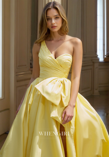 One Shoulder A-Line Sleeveless High Split Brush Train Ruched Prom Dress Formal Gowns with Bows