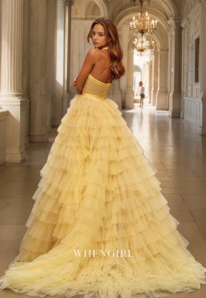 Halter Neck A-Line High Split Sleeveless Sweetheart Prom Dress with Sweep Train Party Dress