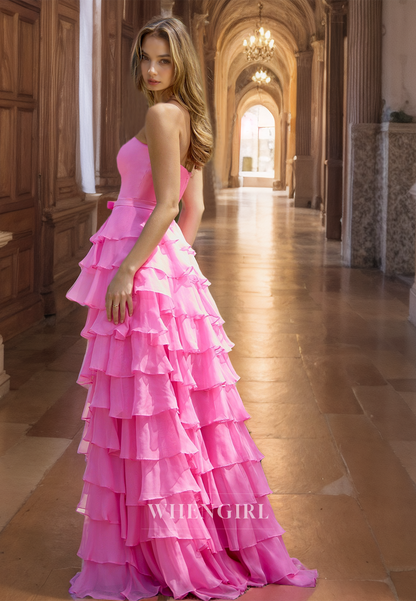 Tube Top A-Line Sleeveless High Split Train Pleated Lace Prom Dress with Bows Party Dress