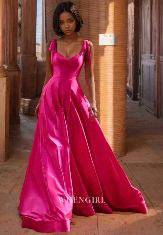 Spaghetti Straps A-Line Sleeveless High Split Train Pleated Satin Prom Dress Party Gown with Bows