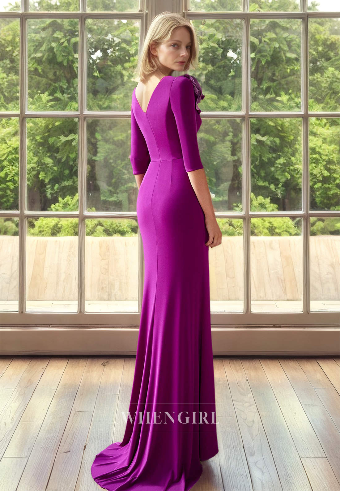 Scoop Neck Sheath Half Sleeves Sweep Train Pleated Chiffon Mother of Bride with Floral Cocktail Dress