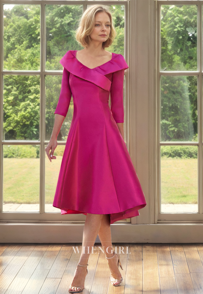 A-Line Scoop Neck Half Sleeves Tea-Length Pleated Satin Mother of the Bride Dress Cocktail Gowns