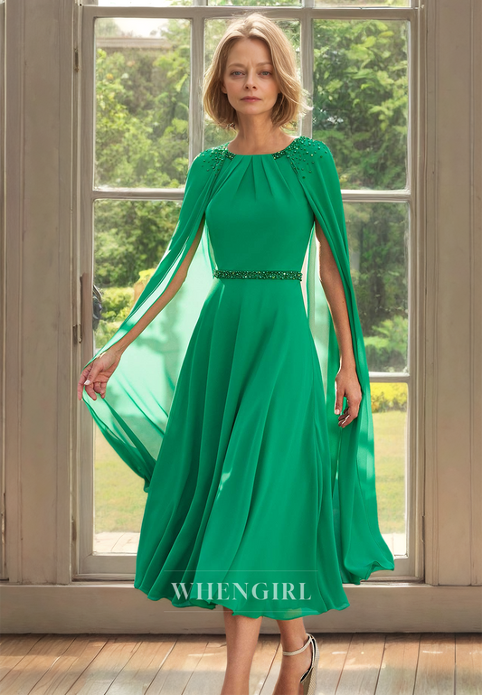 Scoop Neck A-Line Tea-Length Pleated Chiffon Cocktail Dress Cloak Mother of Groom with Beaded