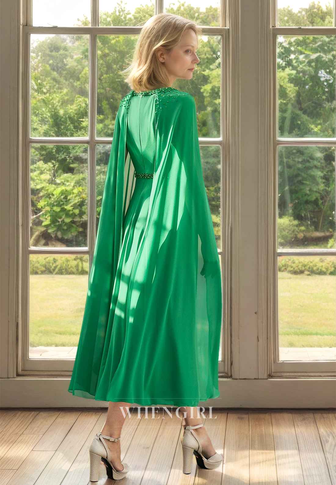 Scoop Neck A-Line Tea-Length Pleated Chiffon Cocktail Dress Cloak Mother of Groom with Beaded