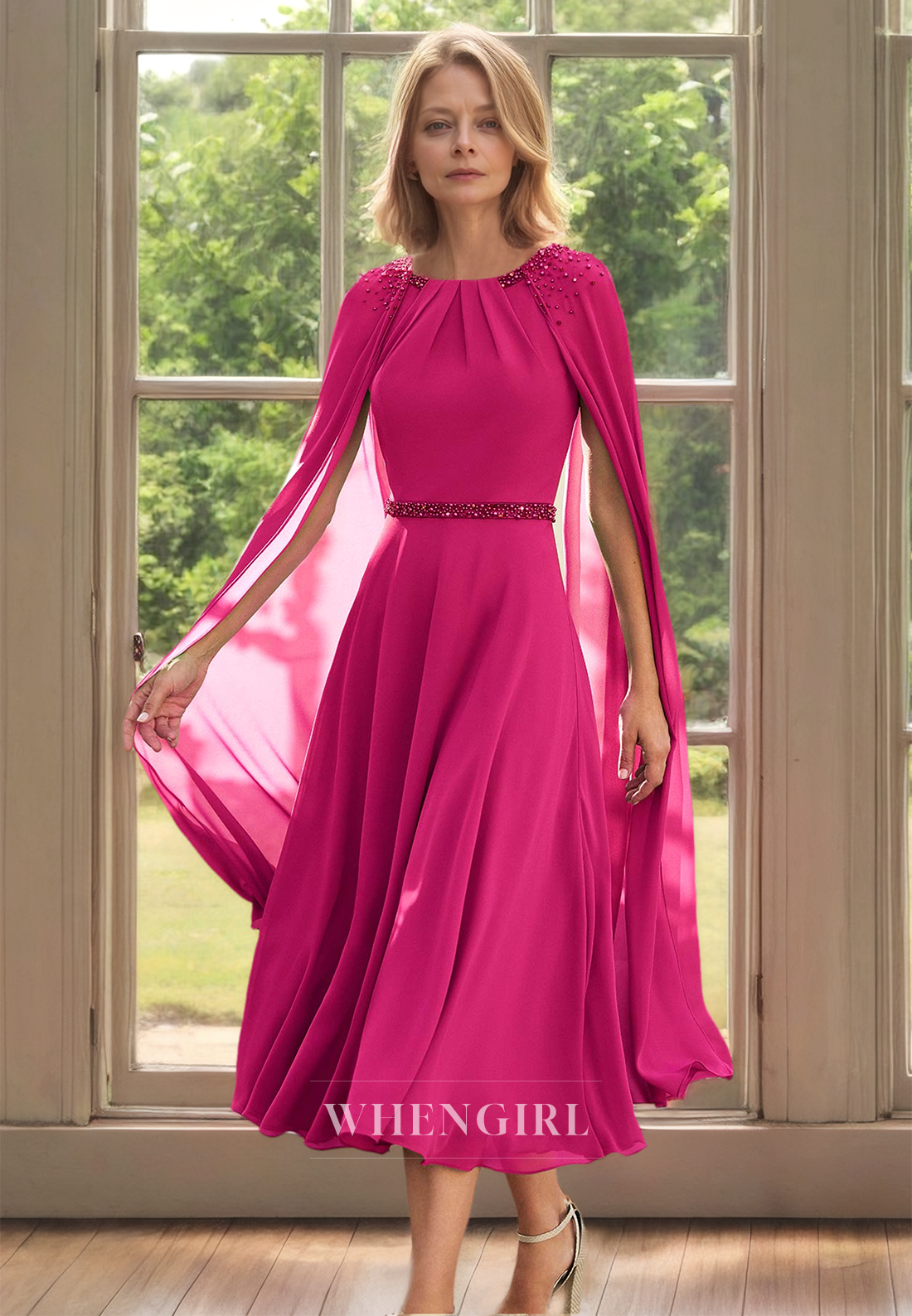 Scoop Neck A-Line Tea-Length Pleated Chiffon Cocktail Dress Cloak Mother of Groom with Beaded