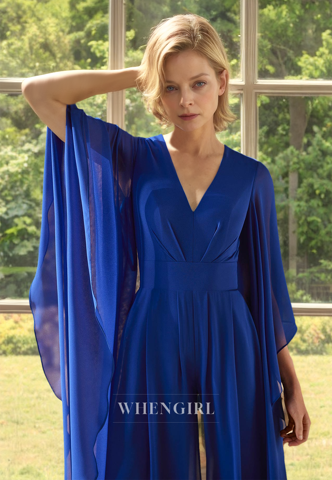 V-Neck Pleated Chiffon Cocktail Gowns Overlay Jumpsuit Mother of the Bride Dress