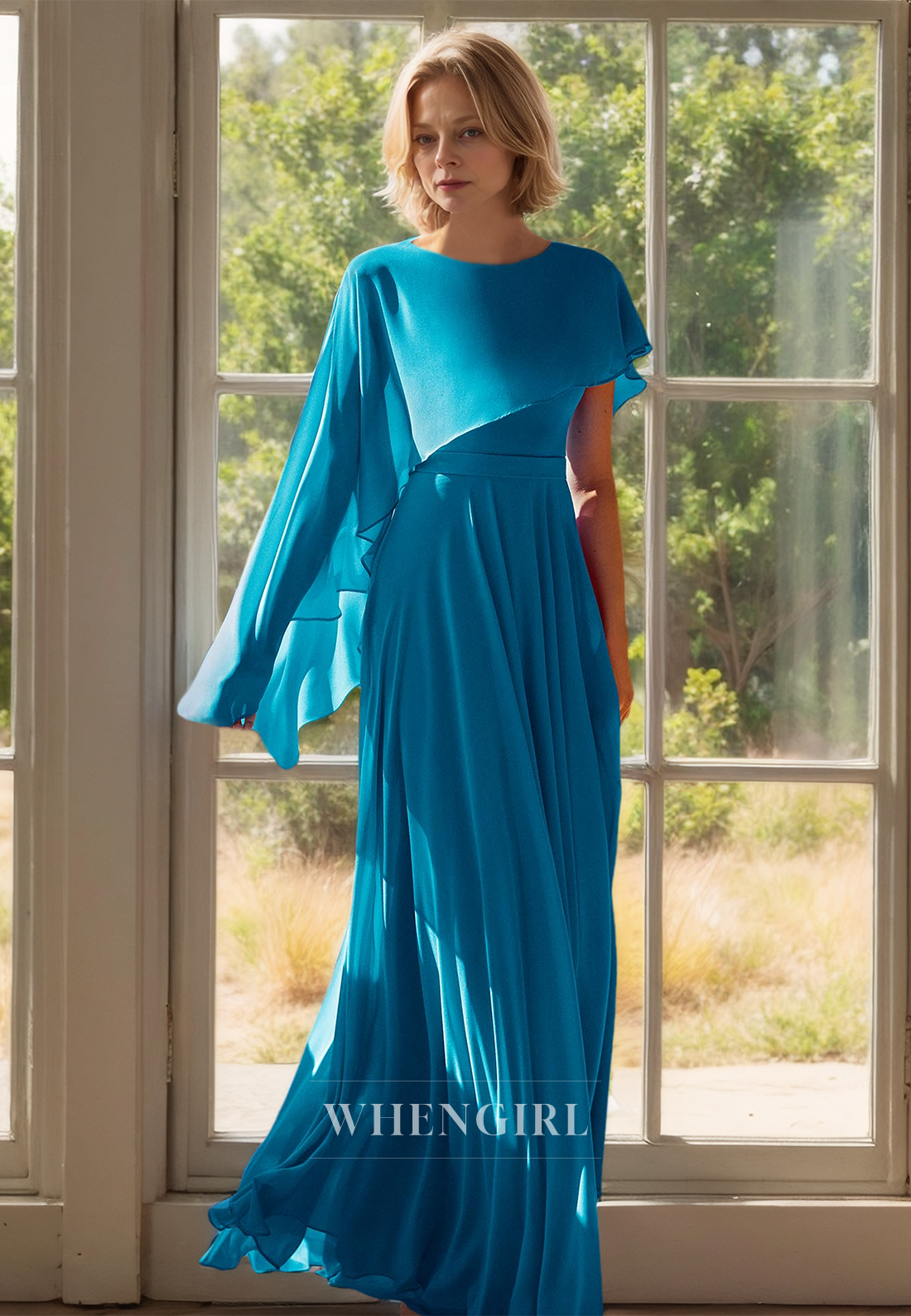 Scoop Neck A-Line Sleeveless Floor-Length Pleated Chiffon Cocktail Dress with Overlay Mother of Groom