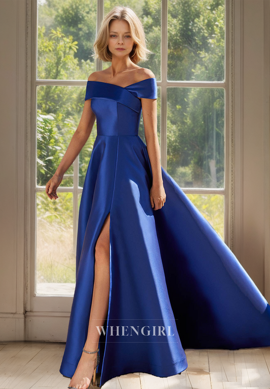 Off-Shoulder A-Line Sleeveless Sweep Train Pleated Satin Mother of Groom with Slit Cocktail Dress