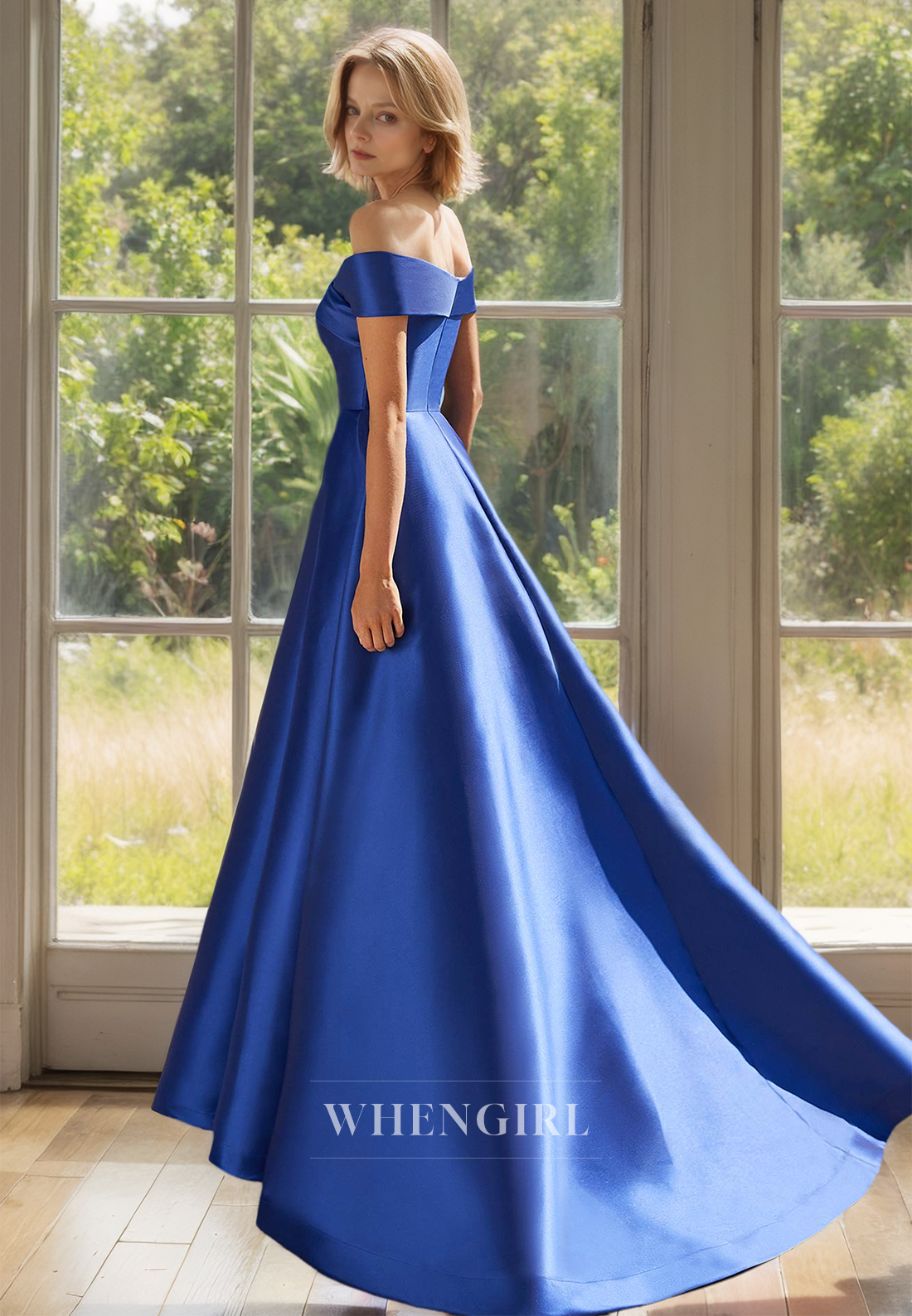 Off-Shoulder A-Line Sleeveless Sweep Train Pleated Satin Mother of Groom with Slit Cocktail Dress