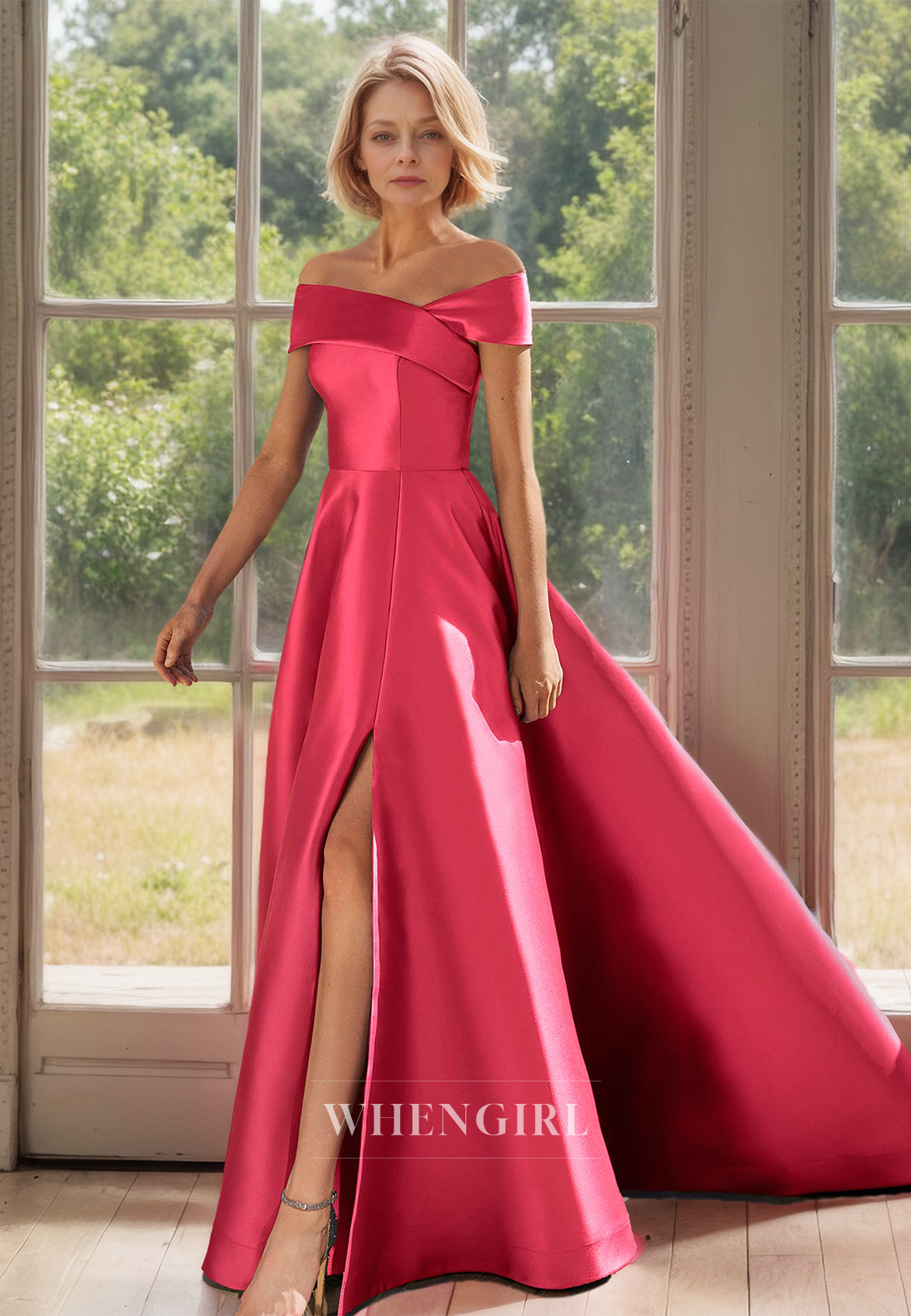 Off-Shoulder A-Line Sleeveless Sweep Train Pleated Satin Mother of Groom with Slit Cocktail Dress
