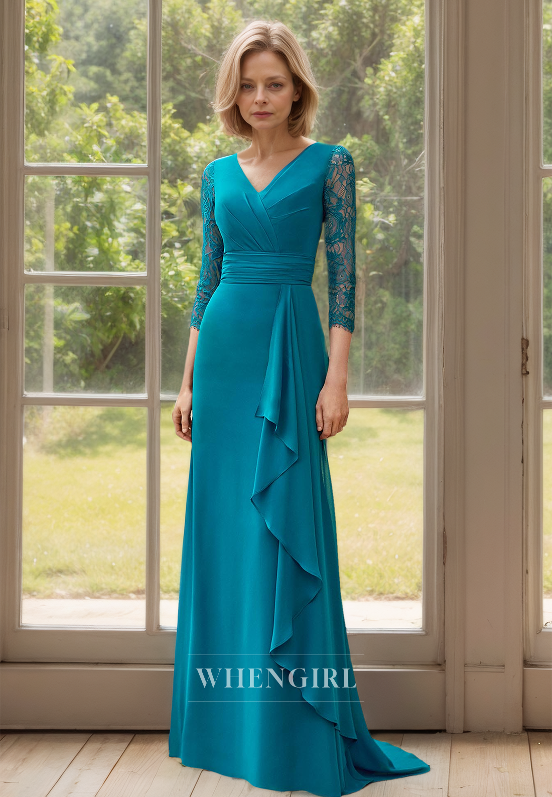 Long Sleeves V-Neck Sheath Sweep Train Ruched Chiffon Mother of Bride Dress Cocktail Gowns