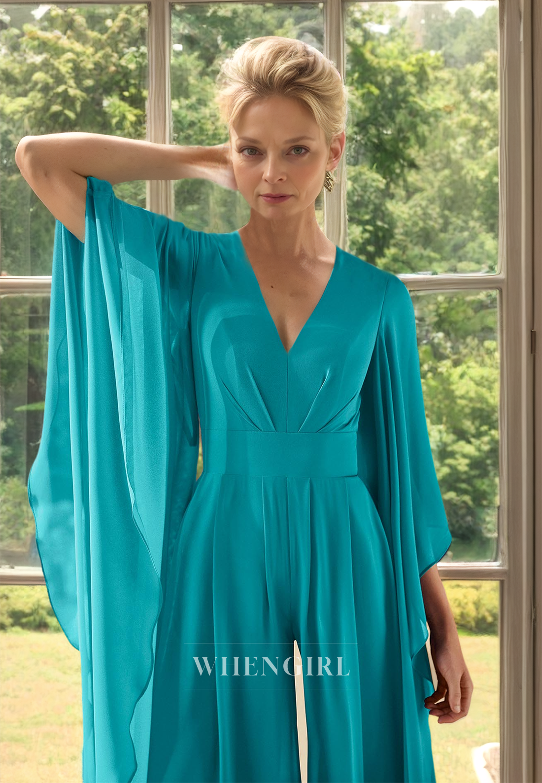 V-Neck Pleated Chiffon Cocktail Gowns Overlay Jumpsuit Mother of the Bride Dress