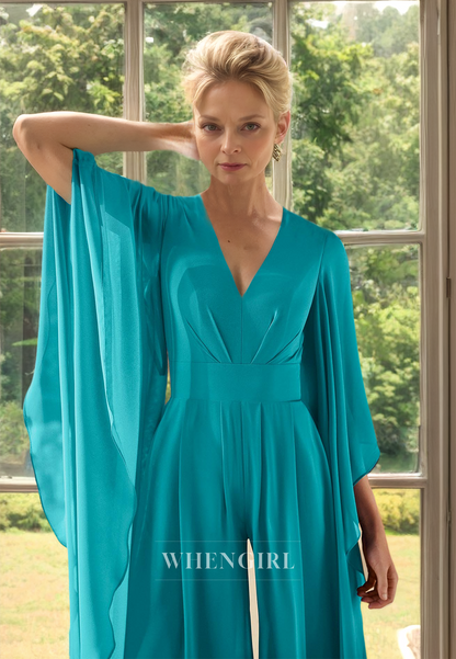 V-Neck Pleated Chiffon Cocktail Gowns Overlay Jumpsuit Mother of the Bride Dress