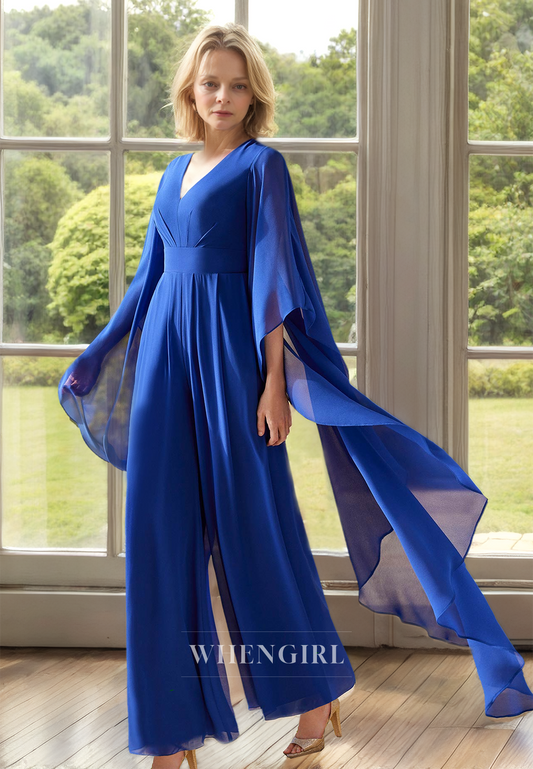 V-Neck Pleated Chiffon Cocktail Gowns Overlay Jumpsuit Mother of the Bride Dress