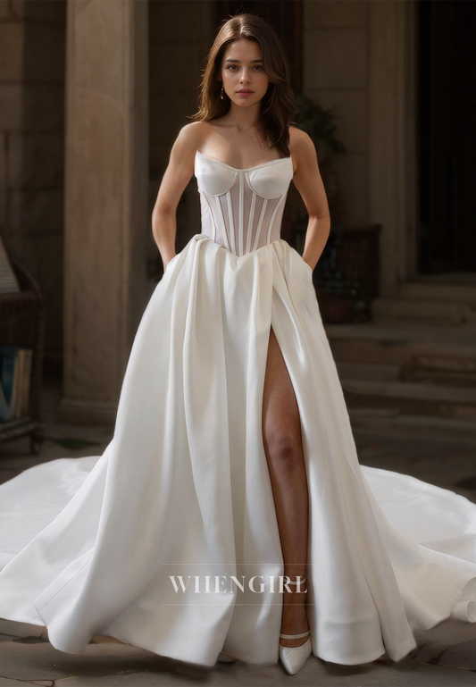 Tube Top A-Line Sleeveless Stripe High Split Pleated Satin Wedding Dress Bridal Gowns with Train