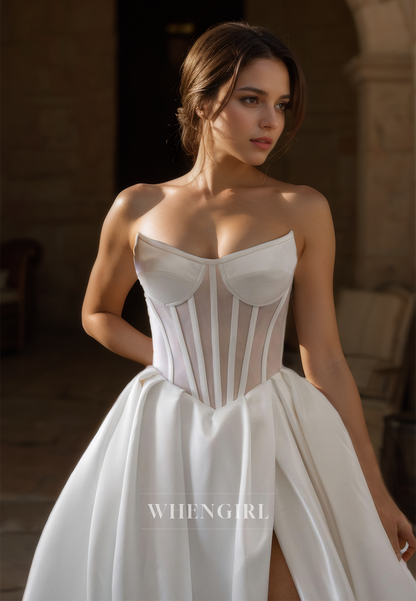 Tube Top A-Line Sleeveless Stripe High Split Pleated Satin Wedding Dress Bridal Gowns with Train