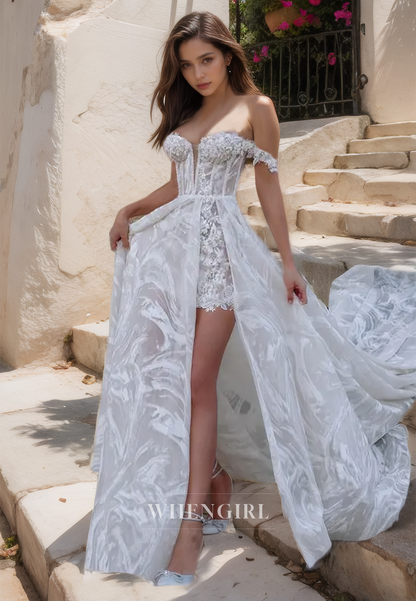 A-Line Off-Shoulder Sweetheart High Slit Appliques Stripe Lace Wedding Dress with Train Bridal Gowns