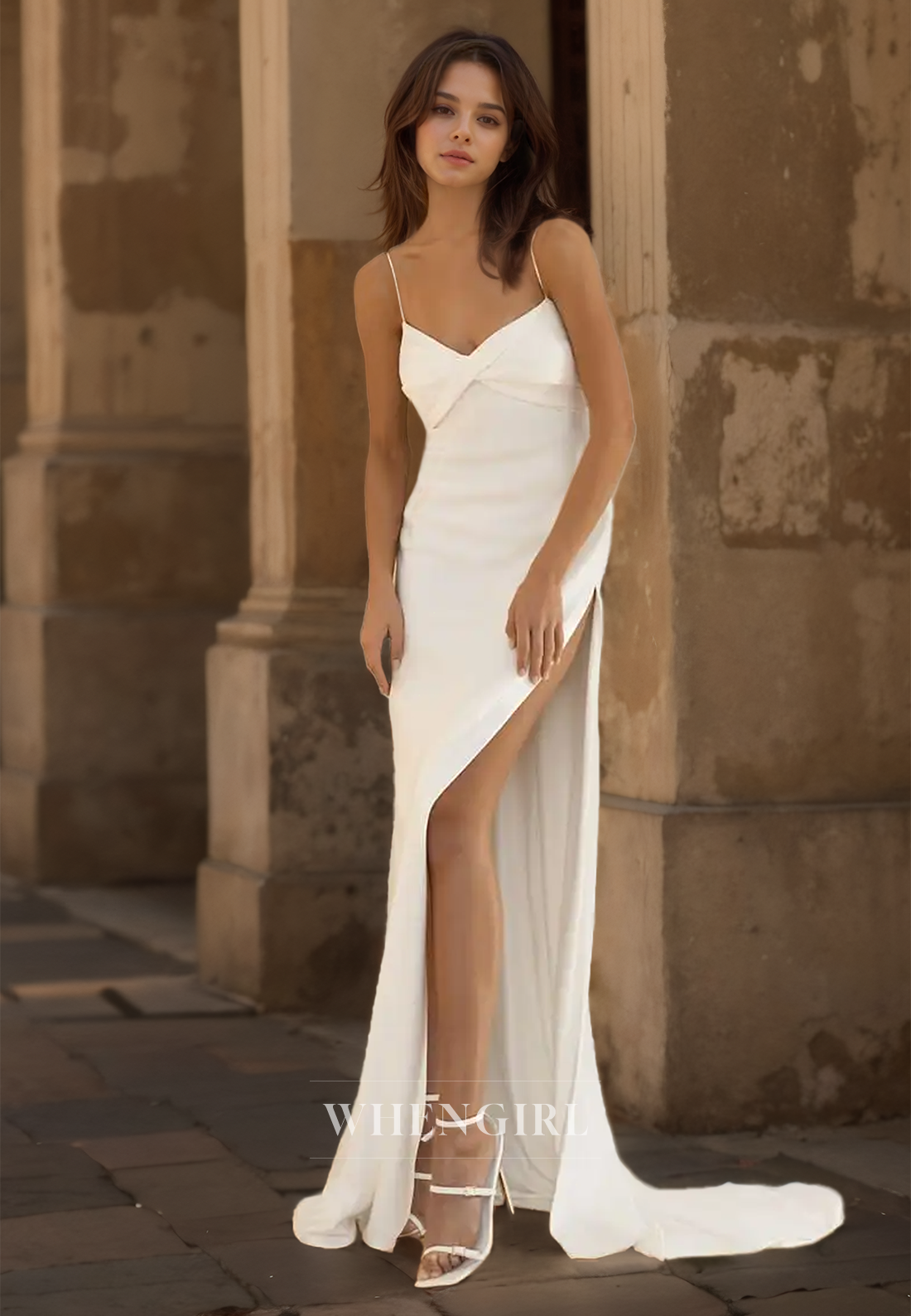 Spaghetti Straps Sweetheart Sheath High Slit Ruched Satin Beach Wedding Dress Boho Gowns with Train