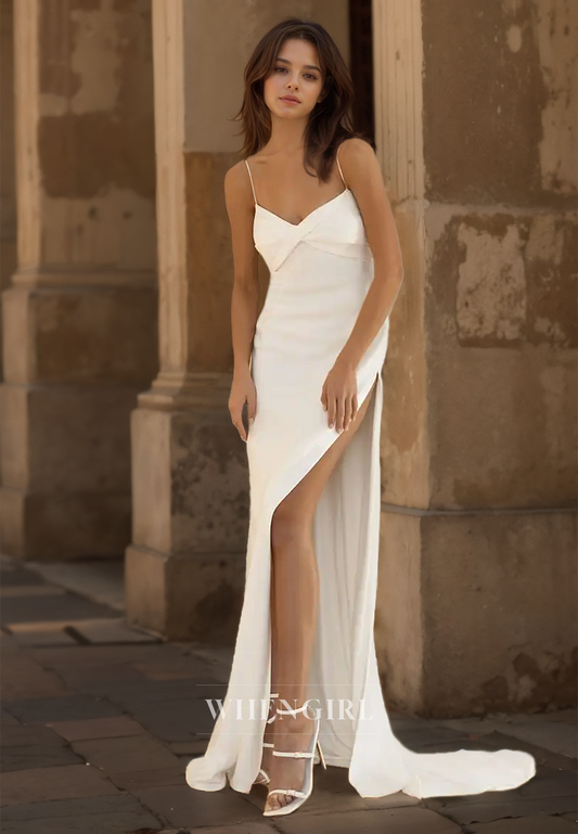 Spaghetti Straps Sweetheart Sheath High Slit Ruched Satin Beach Wedding Dress Boho Gowns with Train