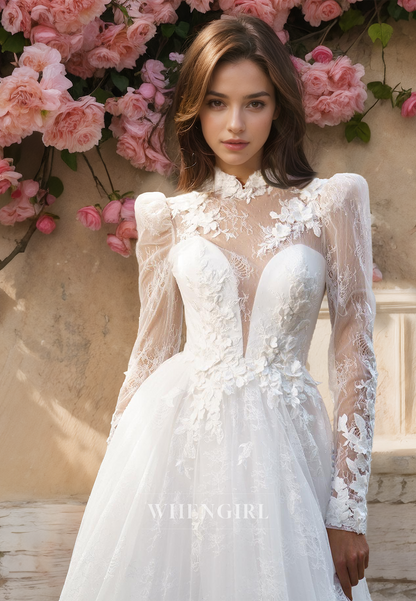 High Neck A-Line Long Sleeves Sweep Train Pleated Lace Wedding Dress Bridal Gowns with Appliques