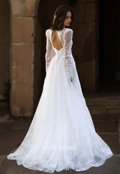 High Neck A-Line Long Sleeves Sweep Train Pleated Lace Wedding Dress Bridal Gowns with Appliques