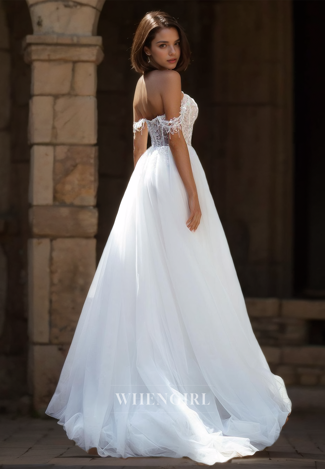 Off-Shoulder A-Line Sleeveless High Slit Train Beads Pleats Lace Bridal Dress with Appliques Wedding Dress