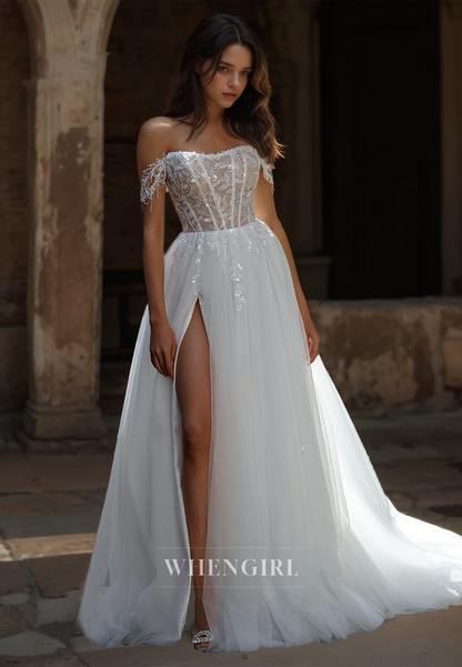 Off-Shoulder A-Line Sleeveless High Slit Train Beads Pleats Lace Bridal Dress with Appliques Wedding Dress