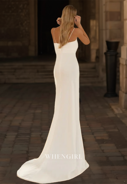 Spaghetti Straps Sweetheart Sheath High Slit Ruched Satin Beach Wedding Dress Boho Gowns with Train