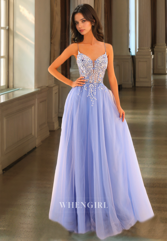 A-Line Spaghetti Straps Sweetheart Stripe Floor-Length Pleats Lace Prom Dress Party Dress with Appliques