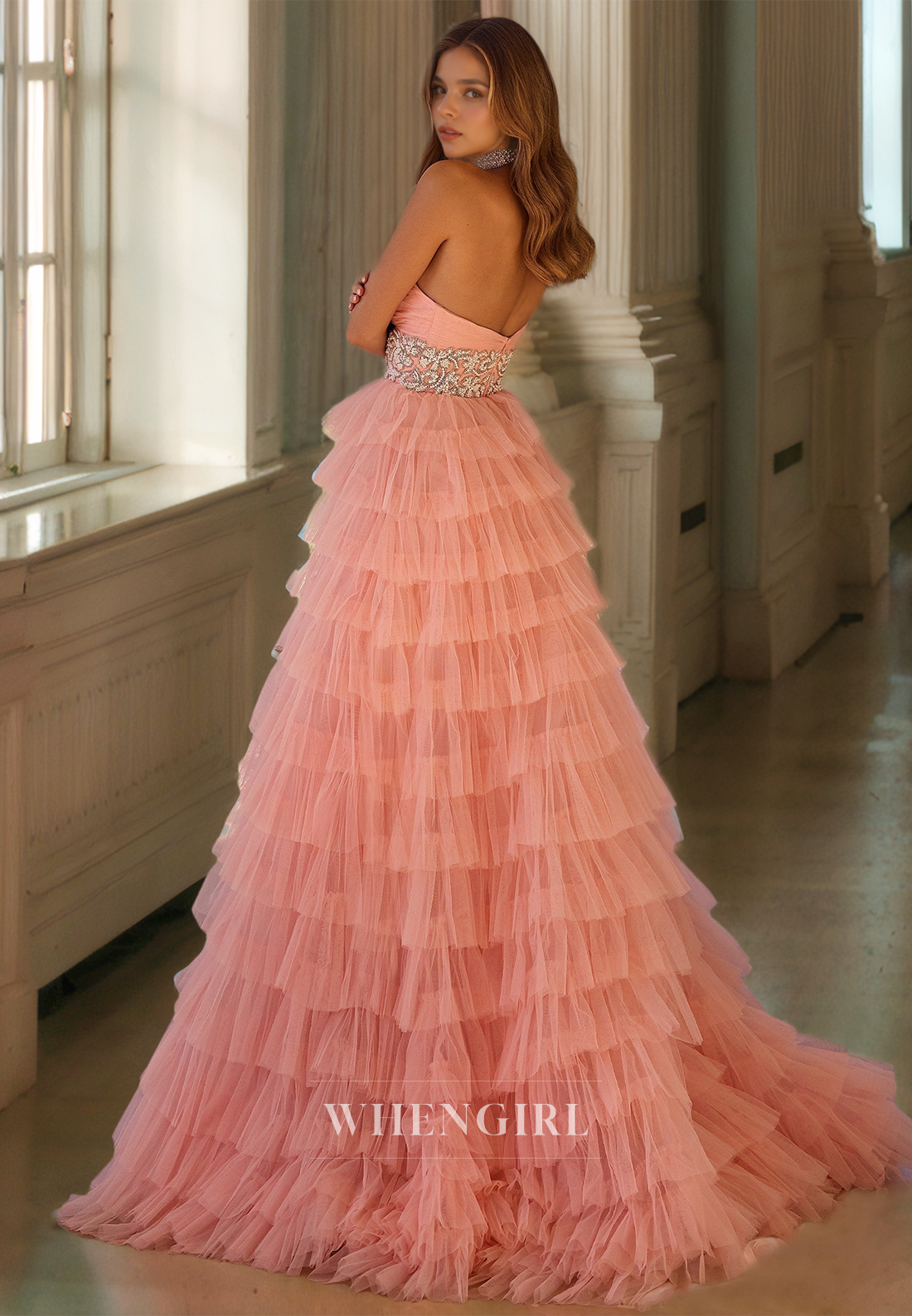 A-Line Sweetheart Sleeveless High Split Train Ruched Lace Prom Dress Formal Gowns with Beaded