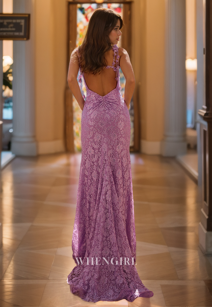 Spaghetti Straps Sheath High Slit Sleeveless Appliques Lace Prom Dress with Beads Evening Dress