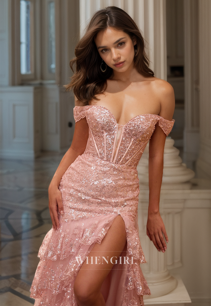 Off-Shoulder Sleeveless Mermaid High Slit Sequins Appliques Lace Prom Dress with Train Party Dress