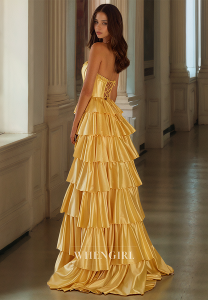 Tube Top A-Line Sleeveless High Split Floor-Length Pleated Satin Formal Gowns with Beads Prom Dress