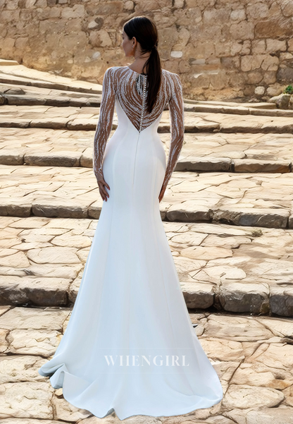 Beaded Scoop Neck Long Sleeves Sheath Wedding Dress Satin Bridal Gowns with Sweep Train