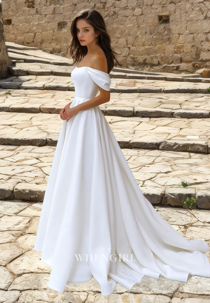 A-Line Off-Shoulder Sleeveless Pleated Satin Wedding Dress Bridal Dress with Sweep Train