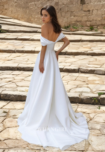 A-Line Off-Shoulder Sleeveless Pleated Satin Wedding Dress Bridal Dress with Sweep Train