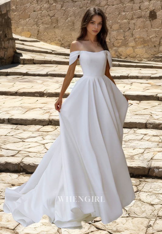 A-Line Off-Shoulder Sleeveless Pleated Satin Wedding Dress Bridal Dress with Sweep Train