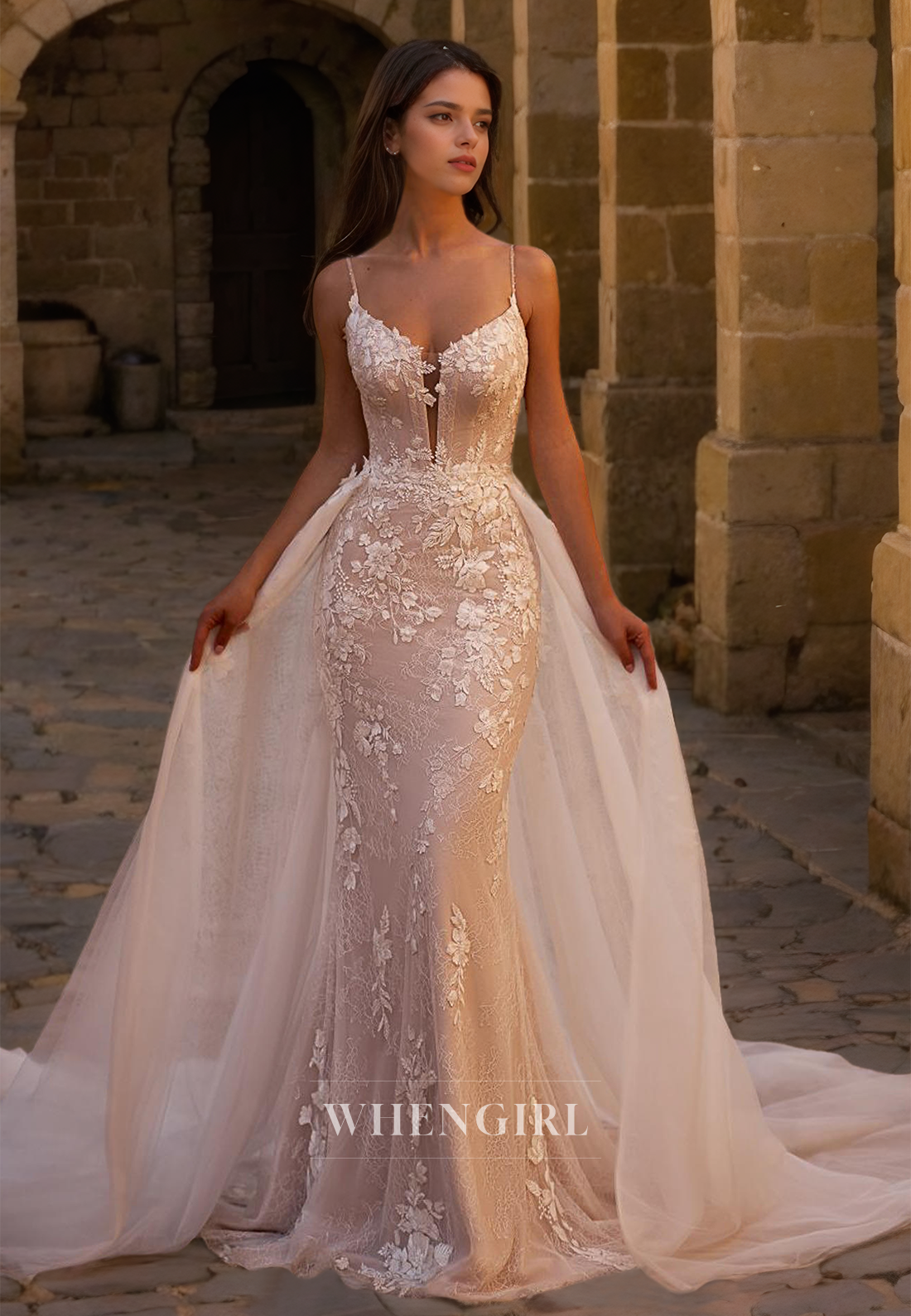 Spaghetti Straps V-Neck Mermaid Sleeveless Appliques Lace Bridal Gown with Overskirt Wedding Dress