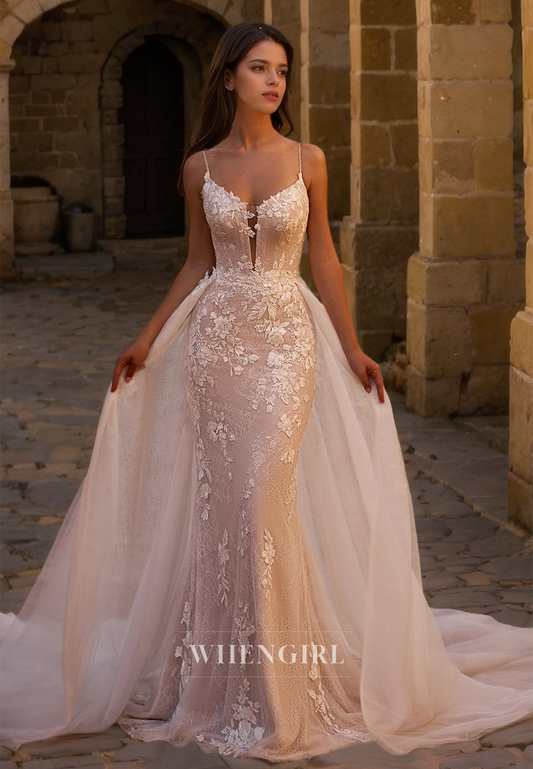 Spaghetti Straps V-Neck Mermaid Sleeveless Appliques Lace Bridal Gown with Overskirt Wedding Dress