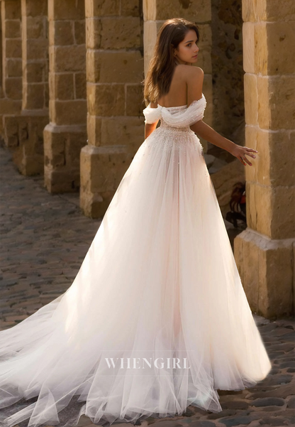 Beaded A-Line Off-Shoulder Sweetheart Sleeveless Pleated Lace Wedding Dress with Train Bridal Gowns